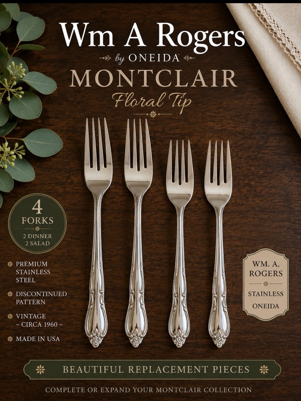 Wm A Rogers Oneida Montclair Stainless Forks Set of 4 Floral Tip Vintage - Picture 1 of 4
